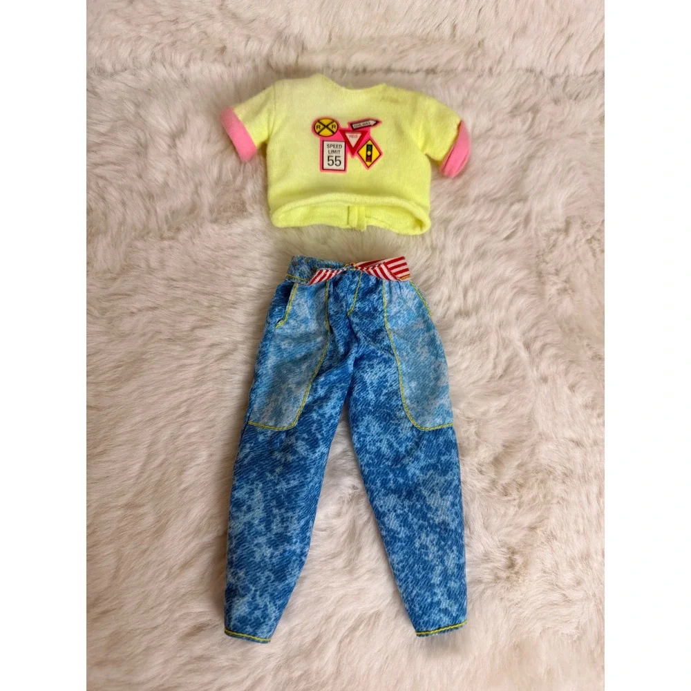 Vintage 80s 90s Male Doll Clothes Neon Yellow Shirt Acid Wash Pants Ken Size Set